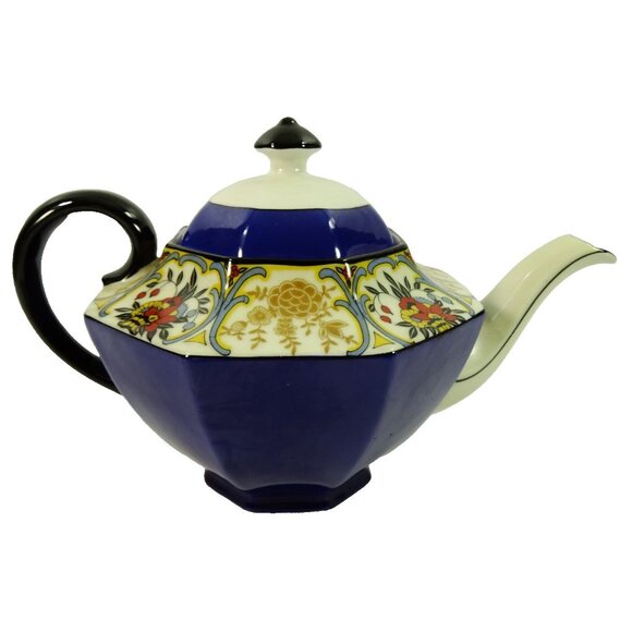Schumann Bavaria Hexagonal Teapot Cobalt Blue Floral Gold Trim Vintage Germany - Picture 3 of 10